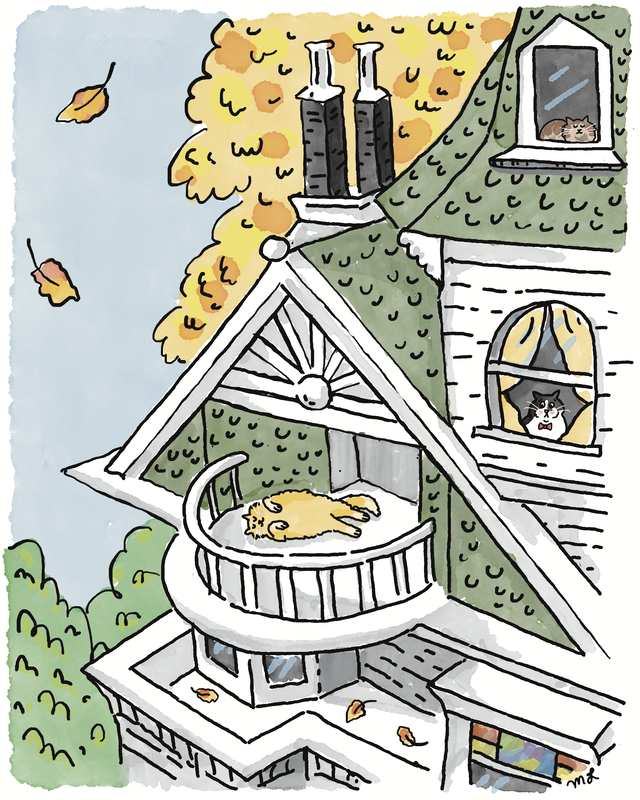 An illustration of fall leaves drifting down past the cats at Palmetto Mansion.